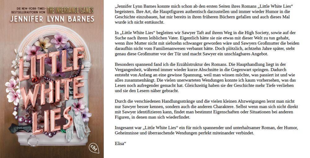 Titelbild von "Little White Lies" mit Rezensionstext von Elisa