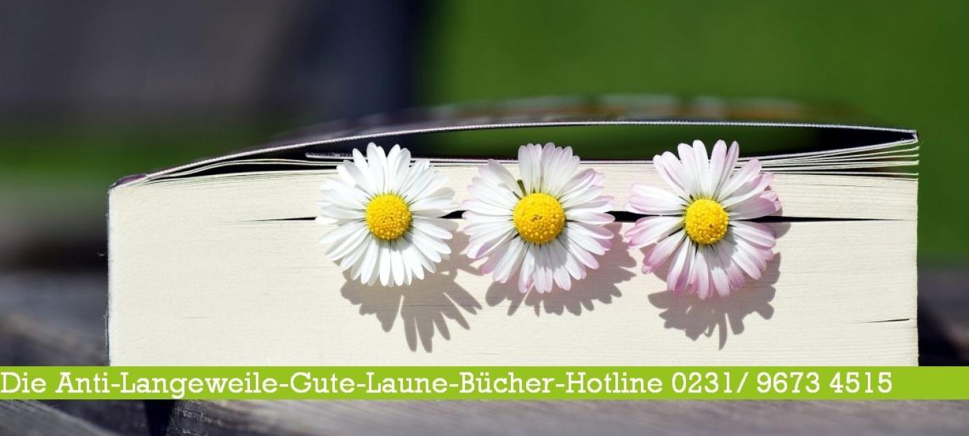 Dickes Taschenbuch von der Seite mit 3 eingesteckten Gänseblümchen