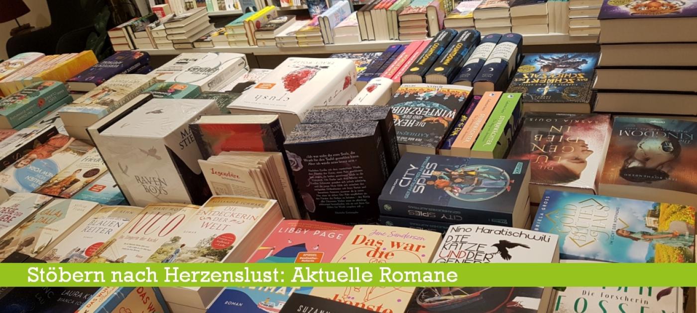 Tisch voller Bücher - aktuelle Romane zum Stöbern